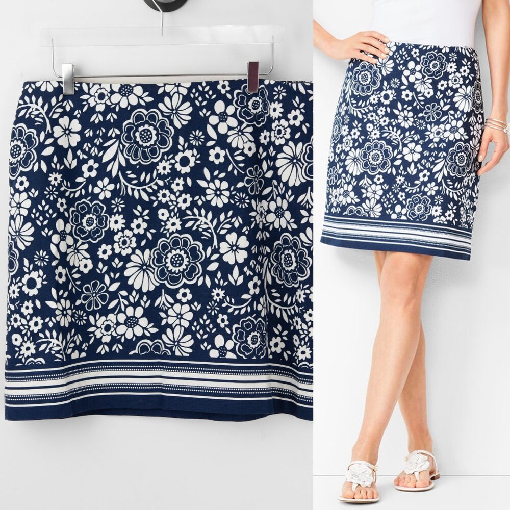 Talbots Classic Cotton A-Line Skirt Floral Stripe Blue White Plus Size 16 New - Picture 1 of 6